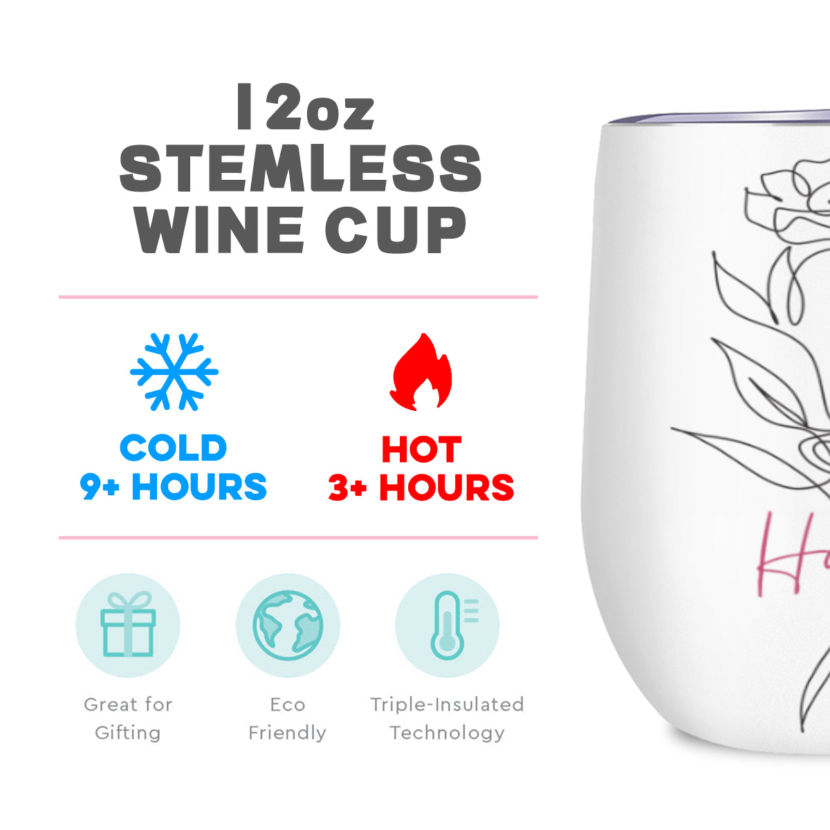 All-Over Print Stemless Wine Tumbler（350ml/12oz）| Stainless steel 304 - Black and white Beautiful Line Art Floral Woman T-shirt