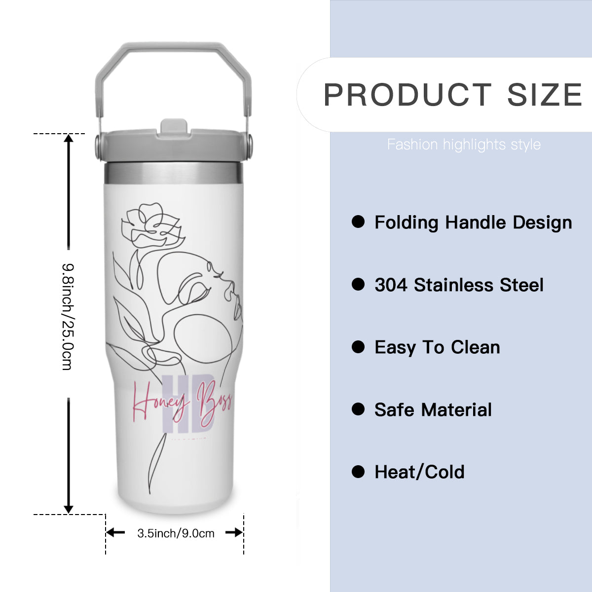 Personalized Portable Tumbler (880ml/30oz) | Stainless Steel 304 - Black and white Beautiful Line Art Floral Woman T-shirt